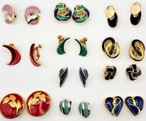 Lot of 11 Vintage Mid Century Enamel Gold Tone Clip On Earrings Multi Color